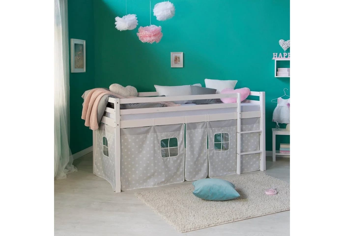 Homestyle4u Hochbett 90x200 cm Weiß mit Vorhang Sterne Grau