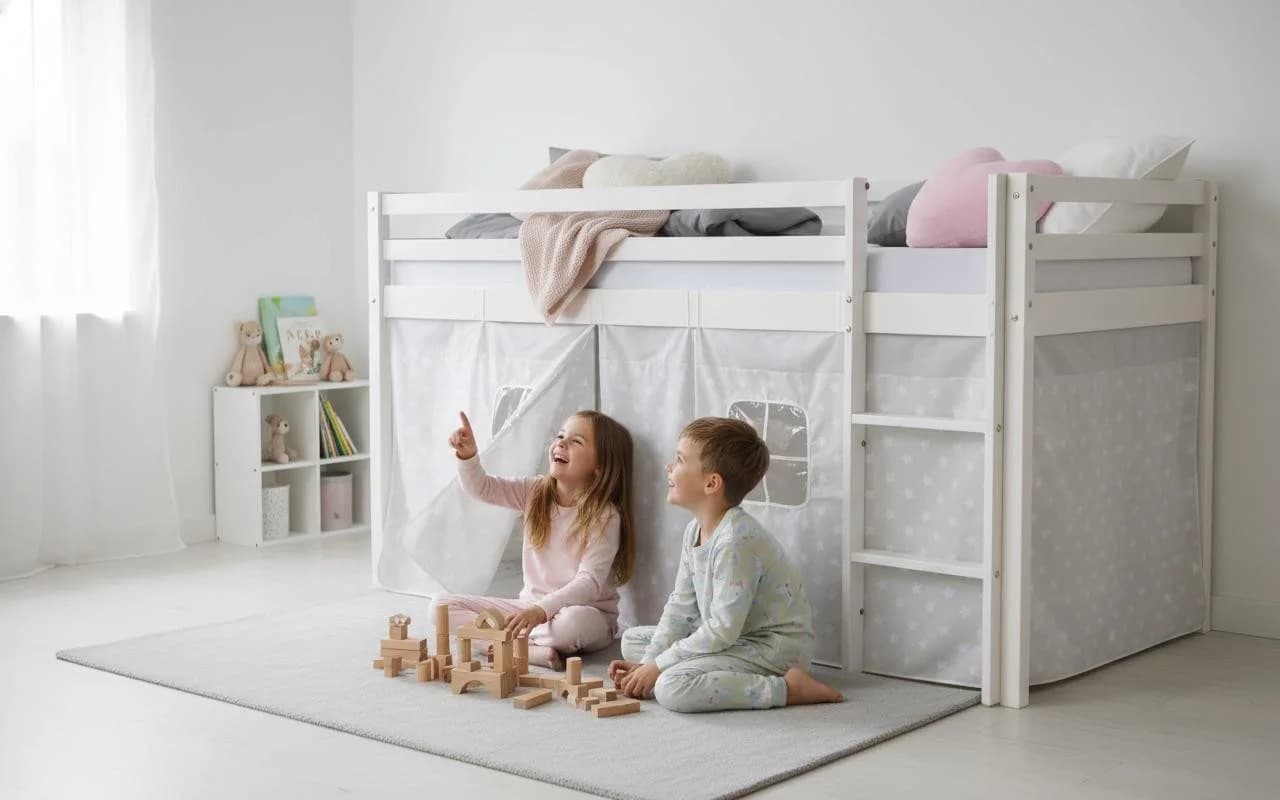 Homestyle4u Hochbett 90x200 cm Weiß mit Vorhang Sterne Grau - Bild 2