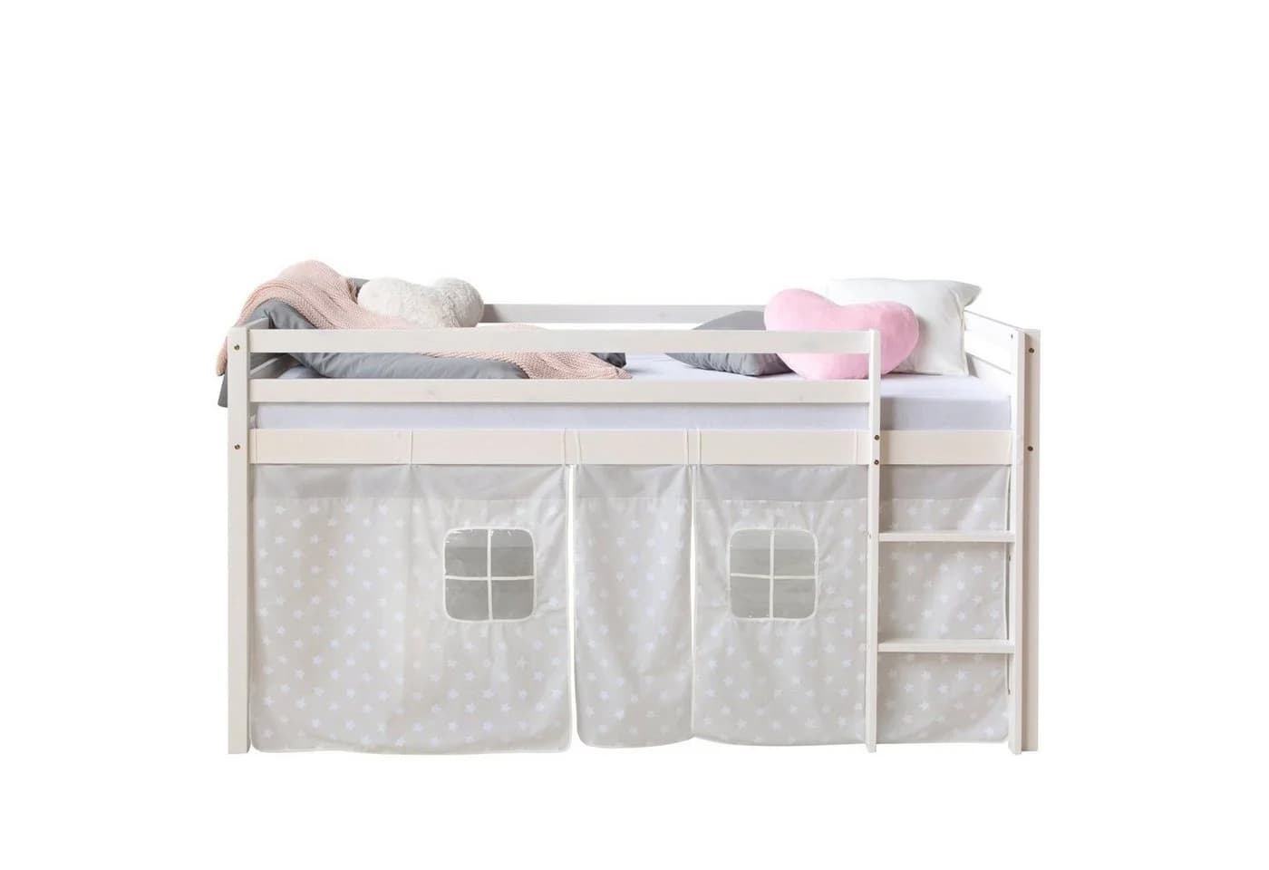 Homestyle4u Hochbett 90x200 cm Weiß mit Vorhang Sterne Grau - Bild 4