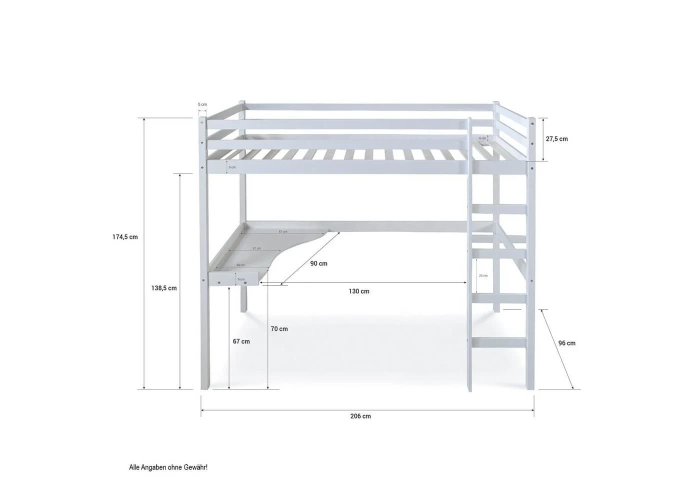 Homestyle4u Hochbett 90x200 Kinderbett Weiß mit Schreibtisch und Leiter - Bild 5