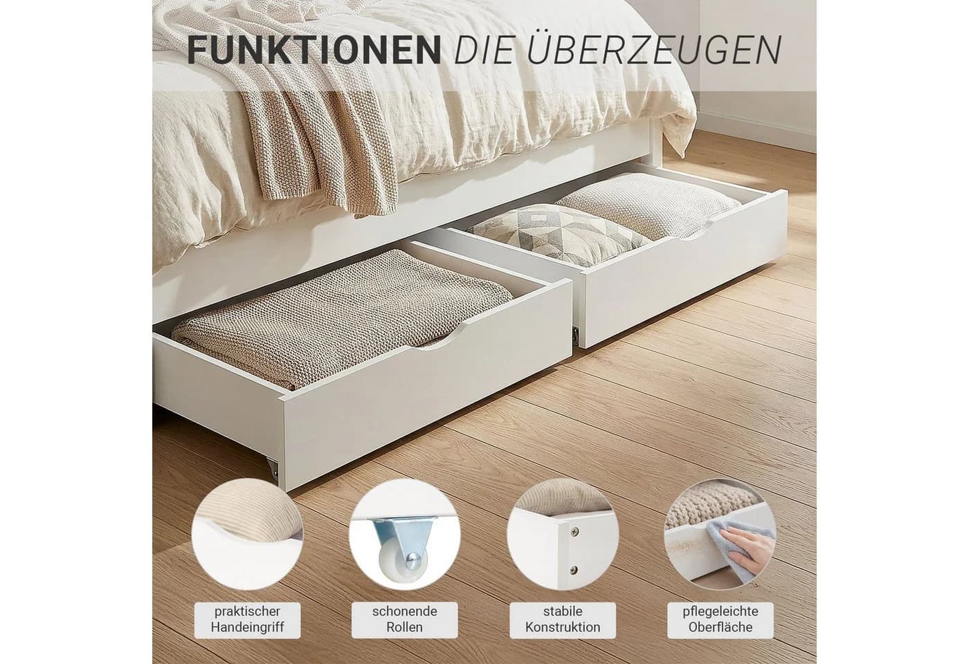 Homestyle4u Bettschubkasten 2er Set Weiß auf Rollen