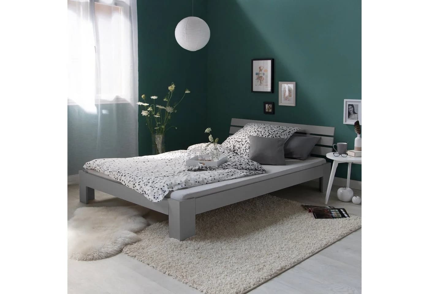 Homestyle4u Doppelbett Grau Massivholz mit Lattenrost