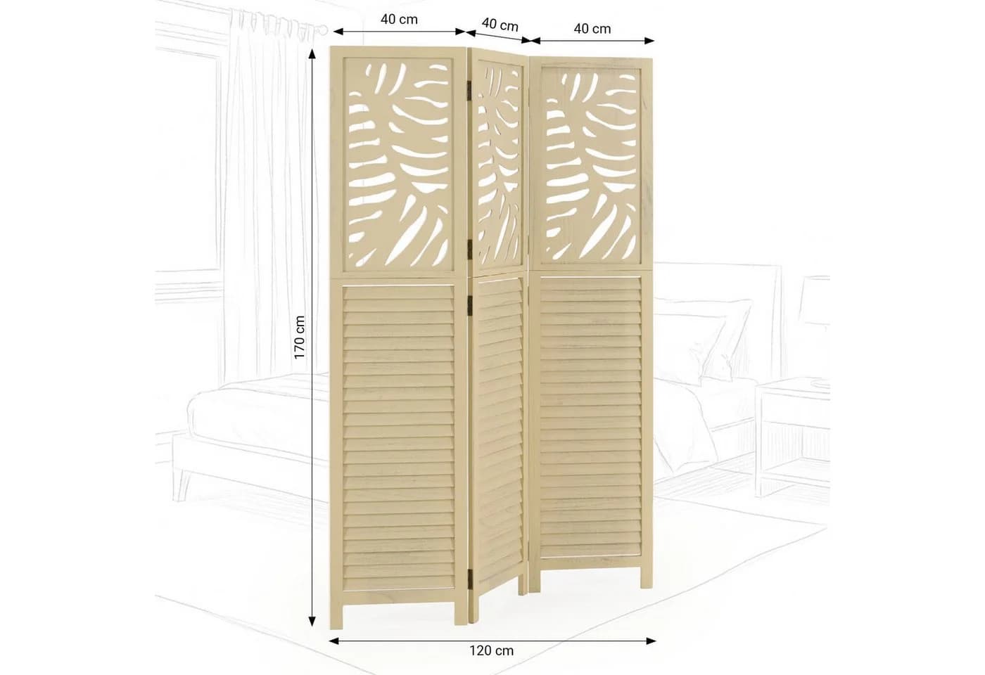 Homestyle4u Paravent Raumteiler Holz Beige Blattmuster 3-teilig