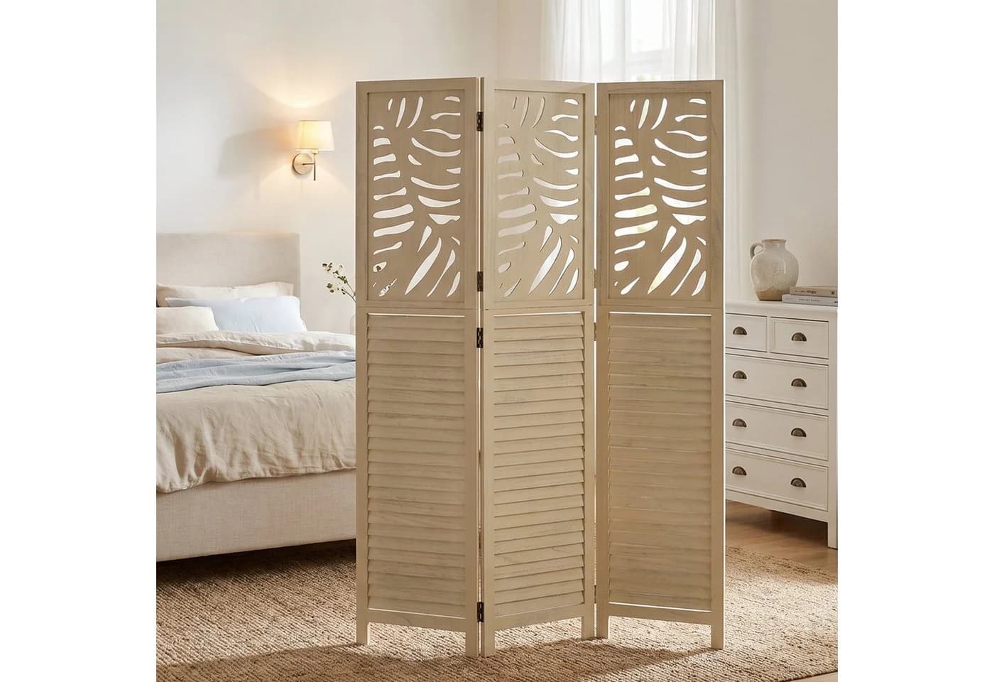 Homestyle4u Paravent Raumteiler Holz Beige Blattmuster 3-teilig - Bild 2