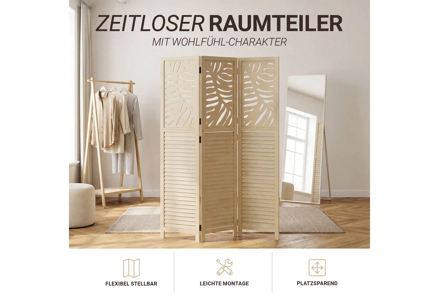 Homestyle4u Paravent Raumteiler Holz Beige Blattmuster 3-teilig - Bild 4