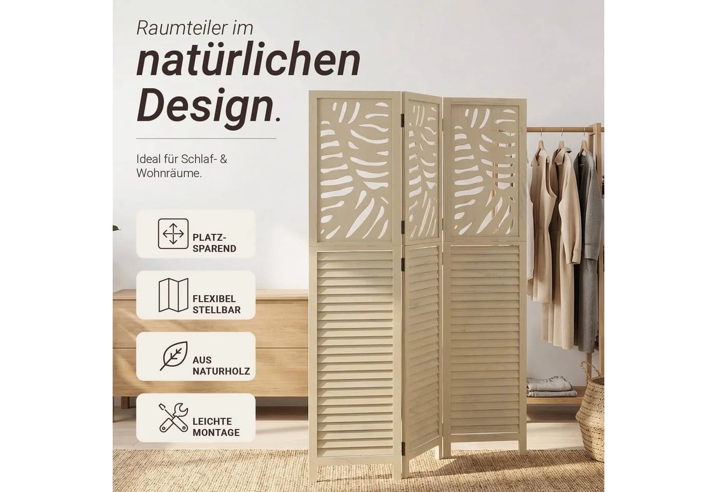 Homestyle4u Paravent Raumteiler Holz Beige Blattmuster 3-teilig - Bild 5