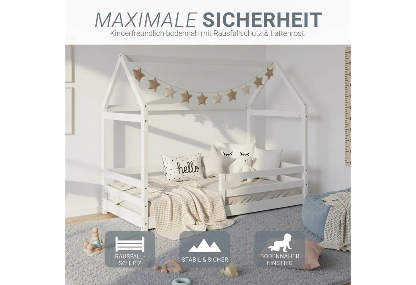 Homestyle4u Hausbett 80x160 cm Kinderbett Bodenbett Holzbett Weiß