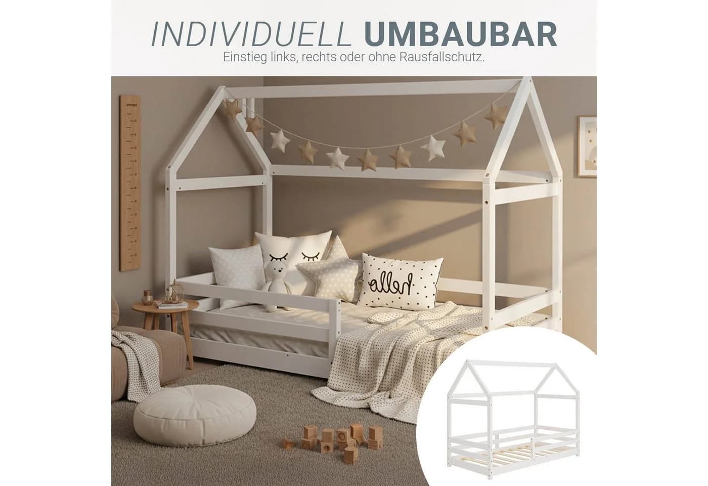 Homestyle4u Hausbett 80x160 cm Kinderbett Bodenbett Holzbett Weiß - Bild 3