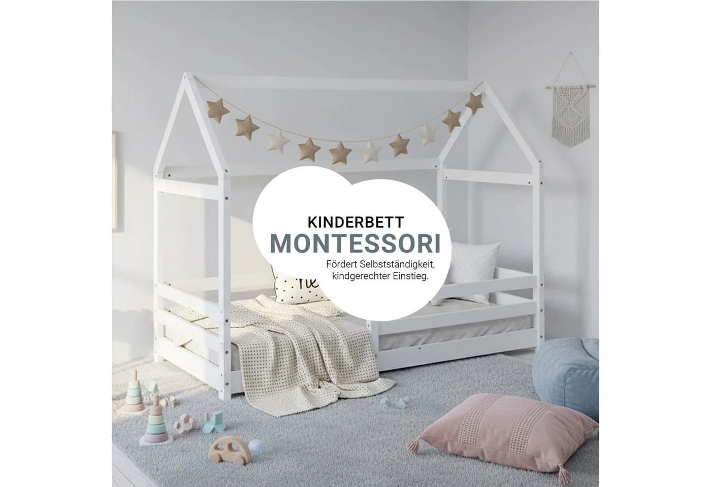 Homestyle4u Hausbett 80x160 cm Kinderbett Bodenbett Holzbett Weiß - Bild 4