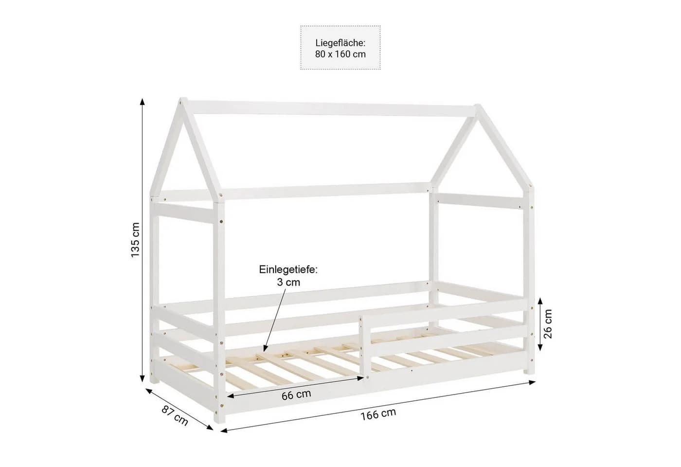 Homestyle4u Hausbett 80x160 cm Kinderbett Bodenbett Holzbett Weiß - Bild 5