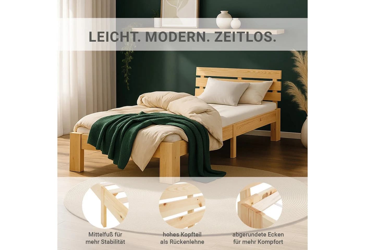 Homestyle4u Holzbett 90x200 mit Lattenrost Natur Modern - Bild 3