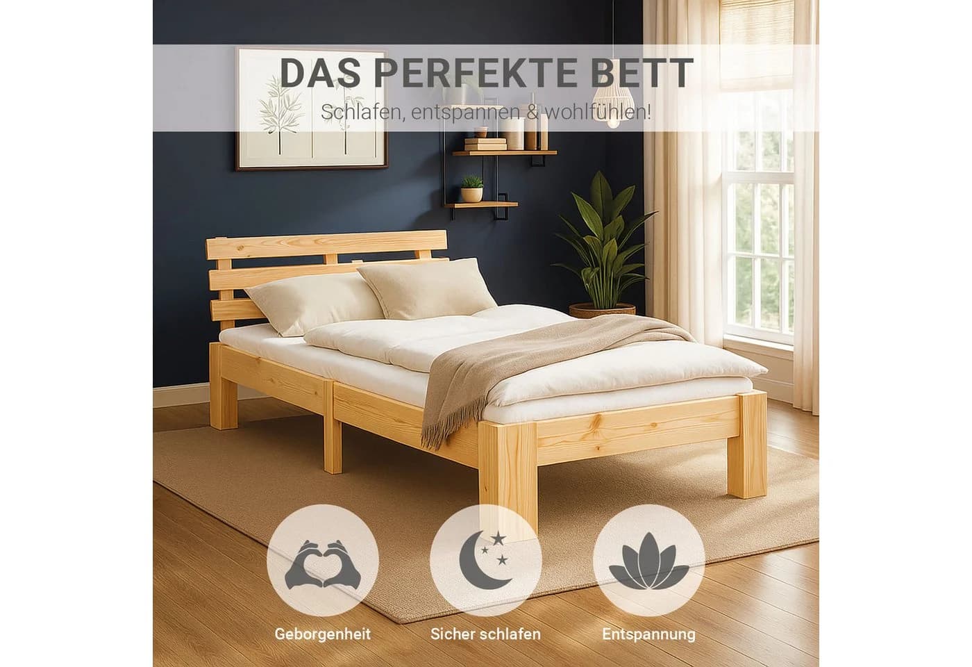 Homestyle4u Holzbett 90x200 mit Lattenrost Natur Modern - Bild 4