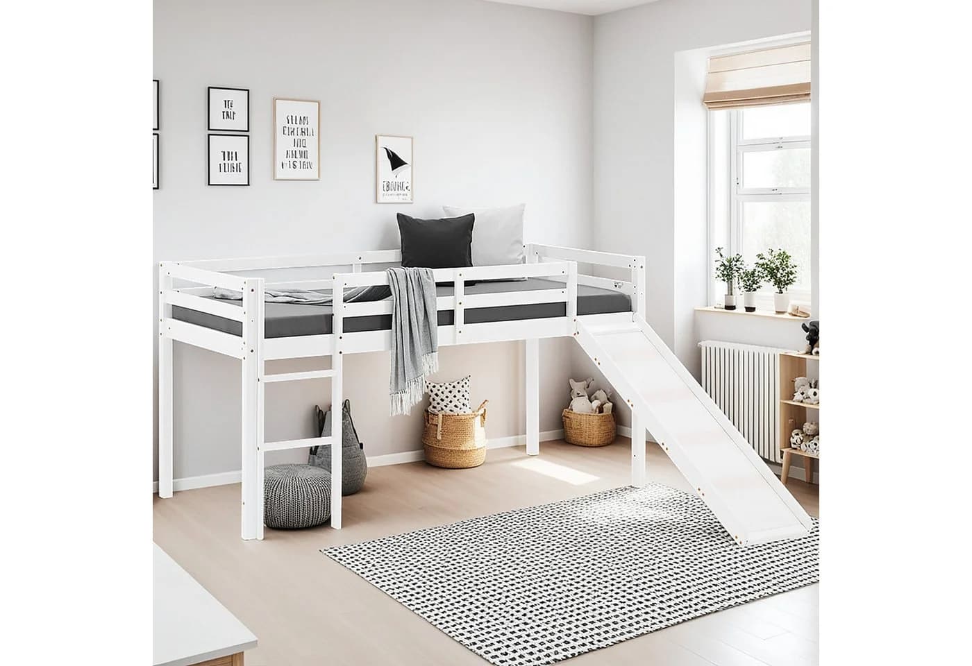 Homestyle4u Hochbett 90x200 mit Rutsche und Leiter Grau/Weiß Kiefer - Bild 2