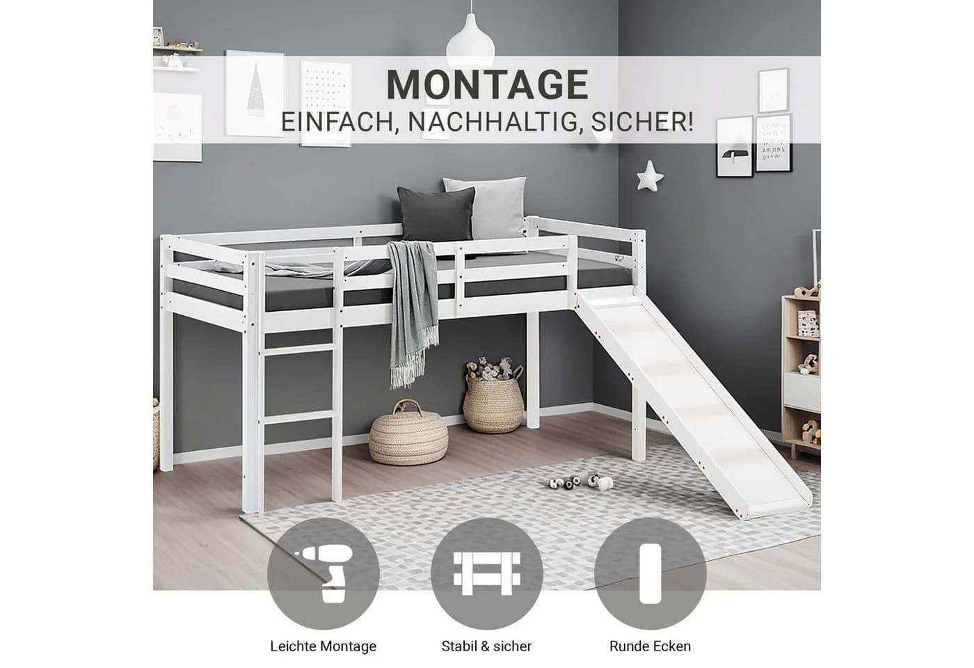 Homestyle4u Hochbett 90x200 mit Rutsche und Leiter Grau/Weiß Kiefer - Bild 4