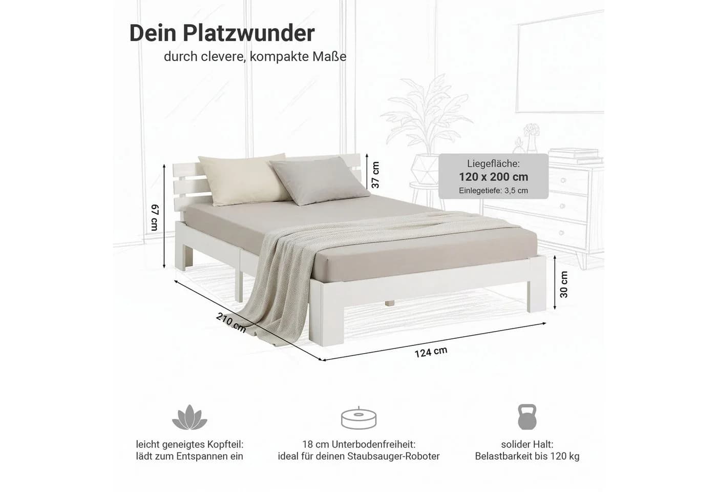 Homestyle4u Holzbett 120x200 Doppelbett Weiß Kiefer Massiv