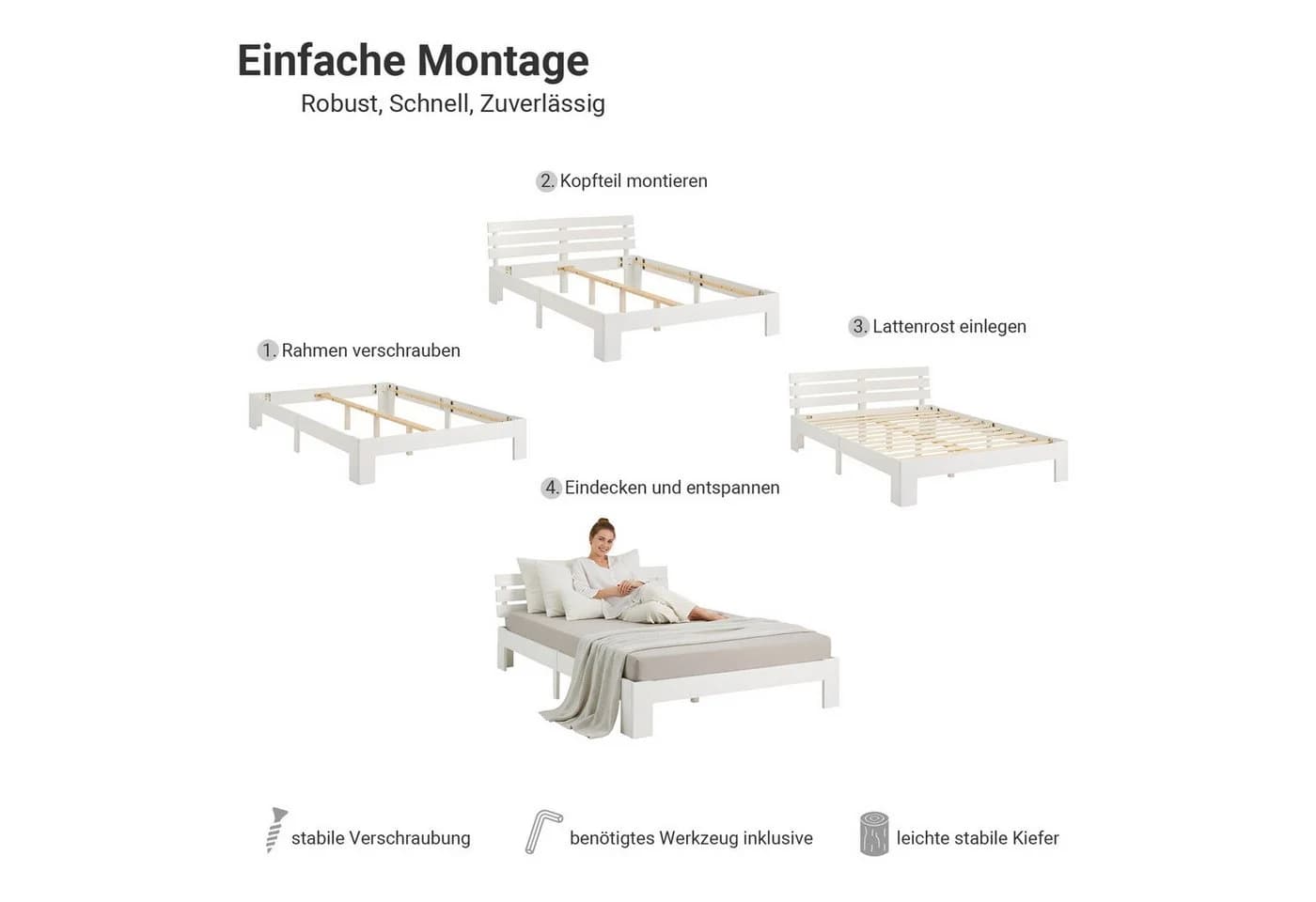 Homestyle4u Holzbett 120x200 Doppelbett Weiß Kiefer Massiv - Bild 4