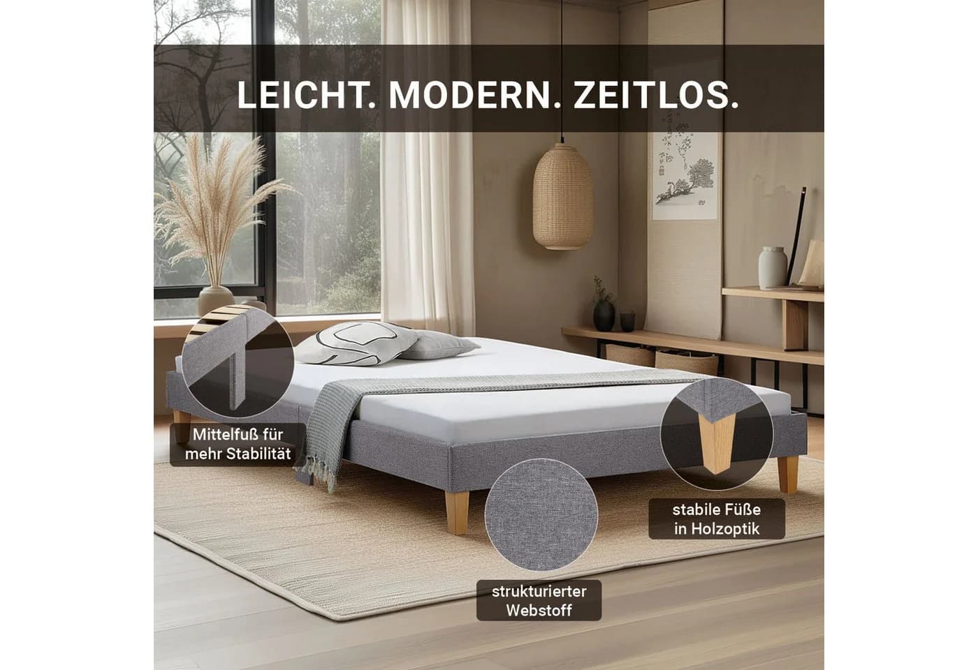 Homestyle4u Polsterbett 140x200 Grau Futonbett Komplett-Set - Bild 3