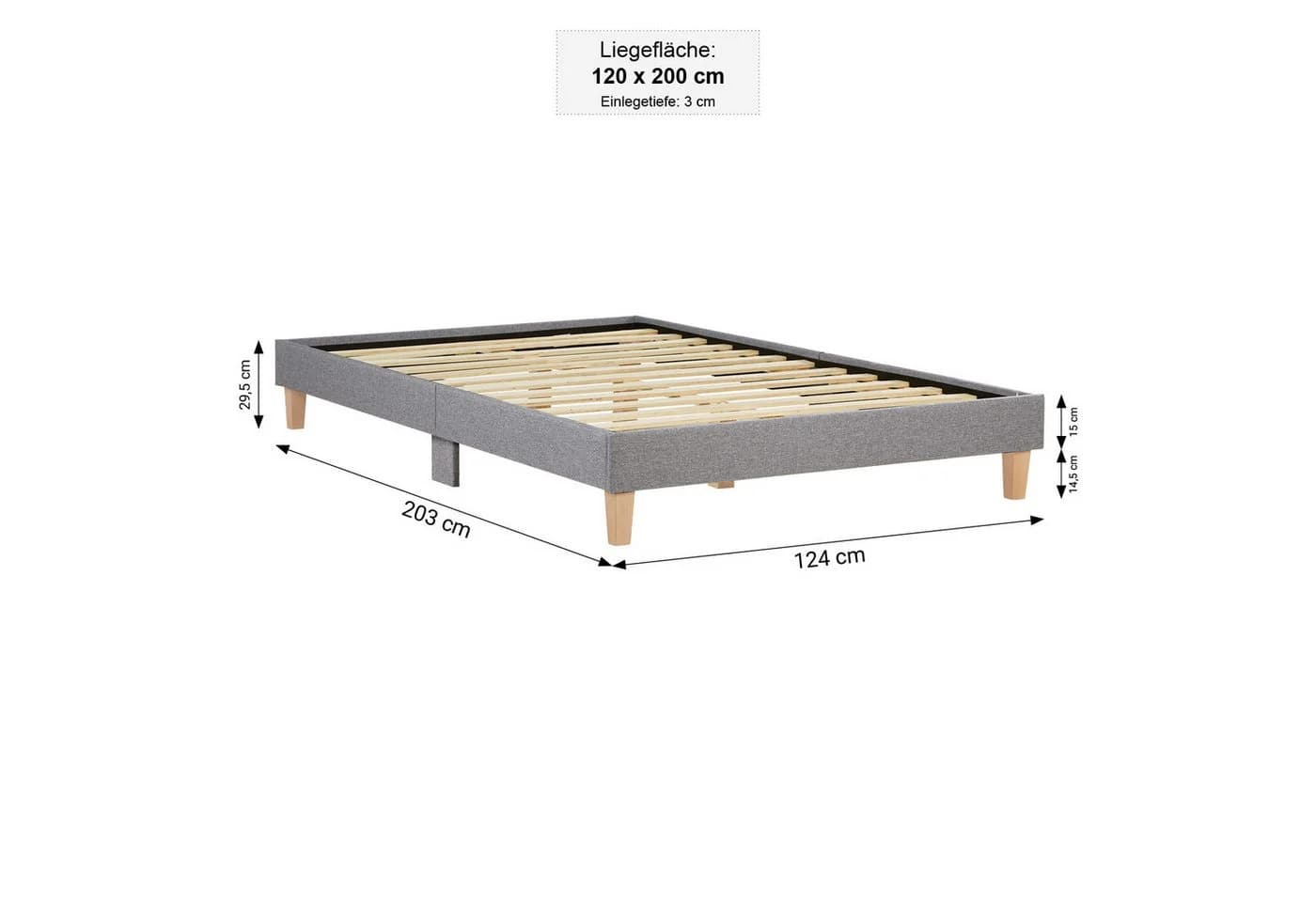 Homestyle4u Polsterbett 120x200 Doppelbett Grau Bett ohne Kopfteil - Bild 5