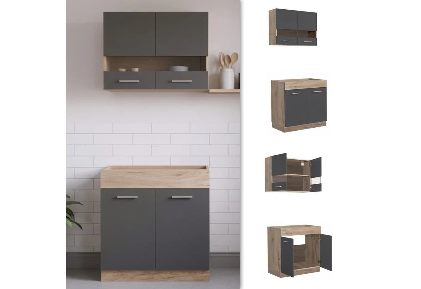 Homestyle4u Küchenzeile 80 cm Grau Eiche Glas-Oberschränke