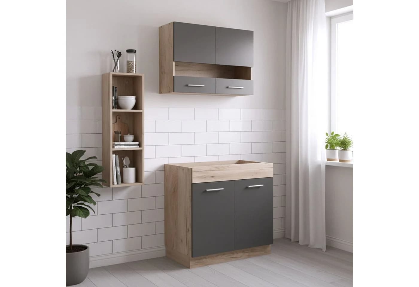 Homestyle4u Küchenzeile 80 cm Grau Eiche Glas-Oberschränke - Bild 2