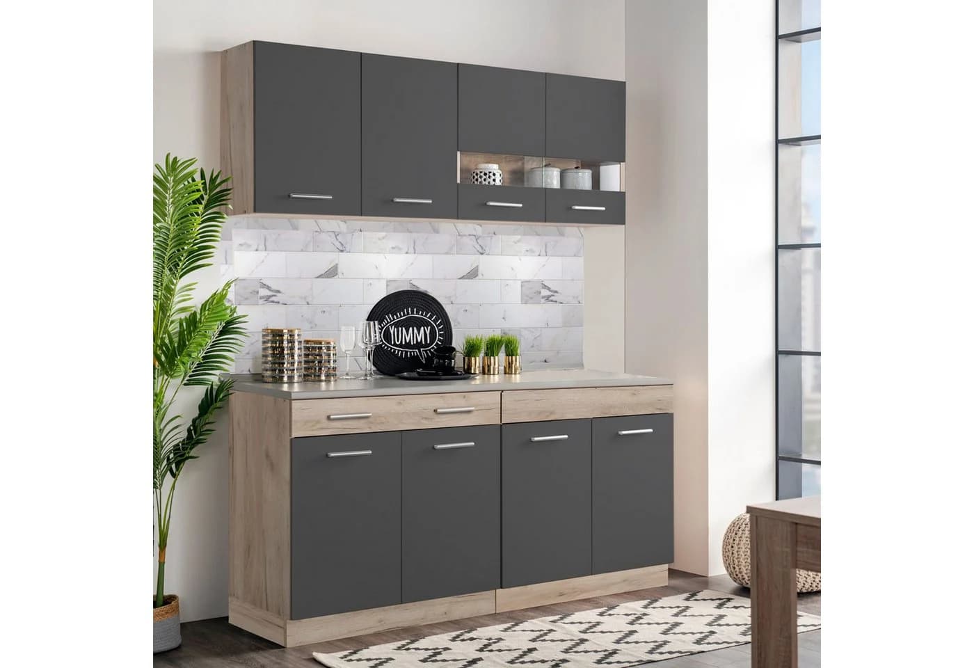 Homestyle4u Küchenzeile 80 cm Grau Eiche Glas-Oberschränke - Bild 4