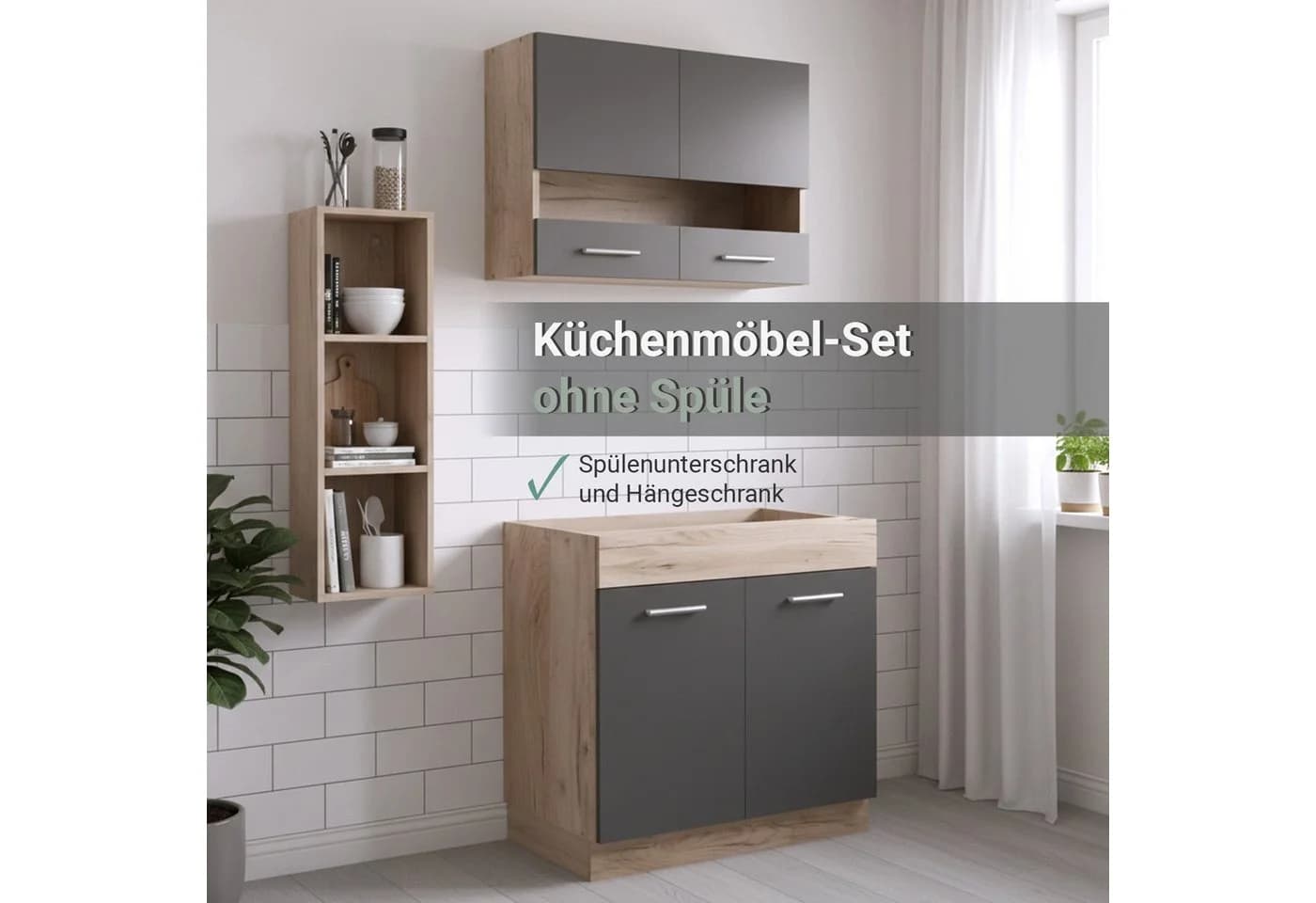 Homestyle4u Küchenzeile 80 cm Grau Eiche Glas-Oberschränke - Bild 5