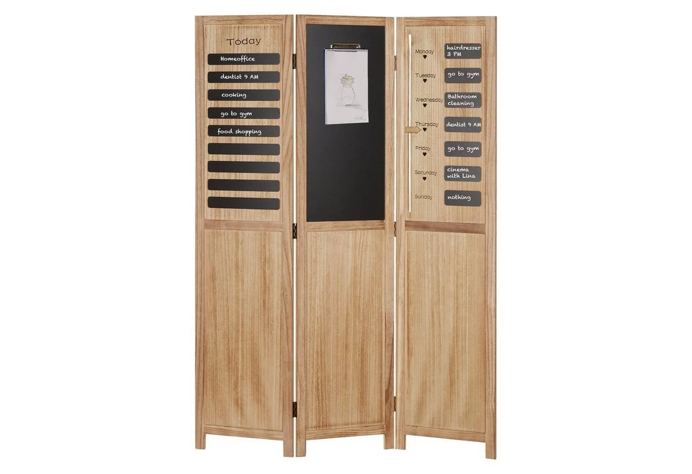 Homestyle4u Paravent Raumteiler 3-teilig Holz mit Tafel und Wochenplaner - Bild 2