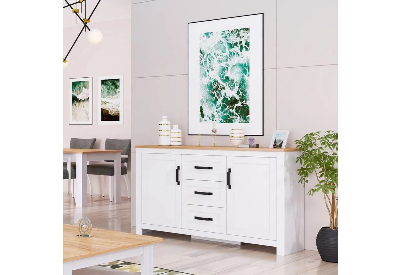 Homestyle4u Sideboard Weiß Eiche-Optik 3 Schubladen