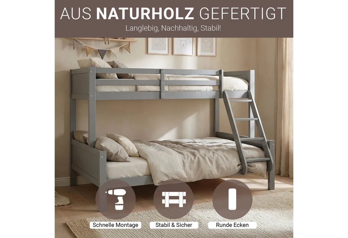 Homestyle4u Etagenbett Grau Weiß Massivholz 2 Liegeflächen