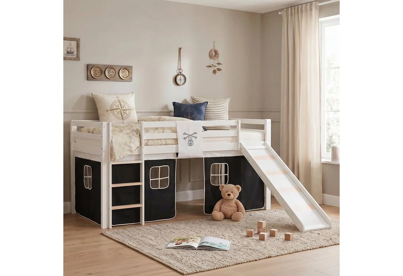 Homestyle4u Hochbett Kiefern massiv mit Rutsche und Vorhang - Bild 2