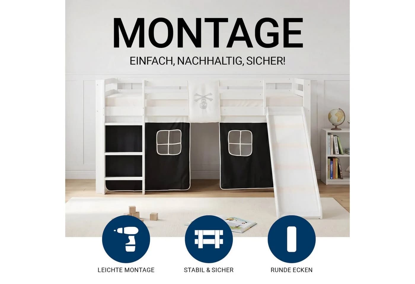 Homestyle4u Hochbett Kiefern massiv mit Rutsche und Vorhang - Bild 3