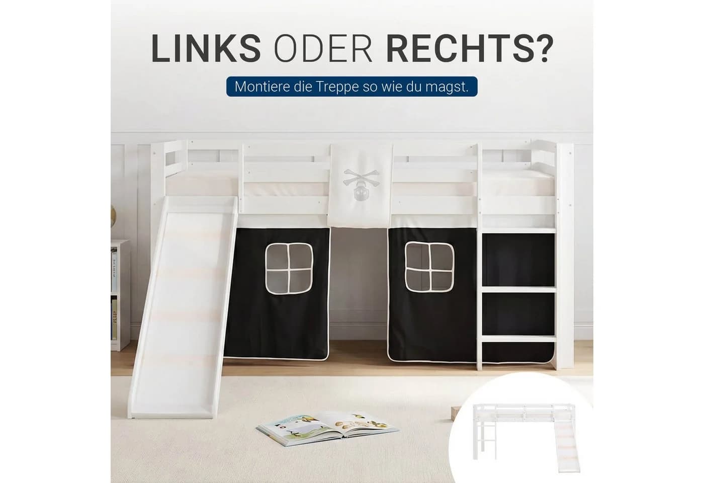 Homestyle4u Hochbett Kiefern massiv mit Rutsche und Vorhang - Bild 4