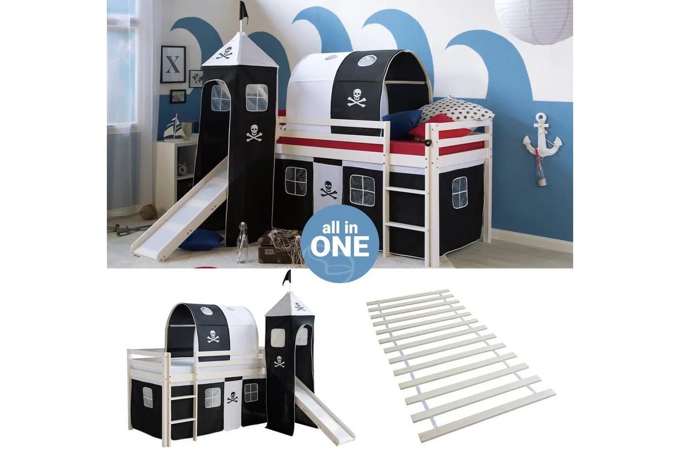 Homestyle4u Hochbett Pirat 90x200 cm Weiß mit Rutsche & Tunnel - Bild 2