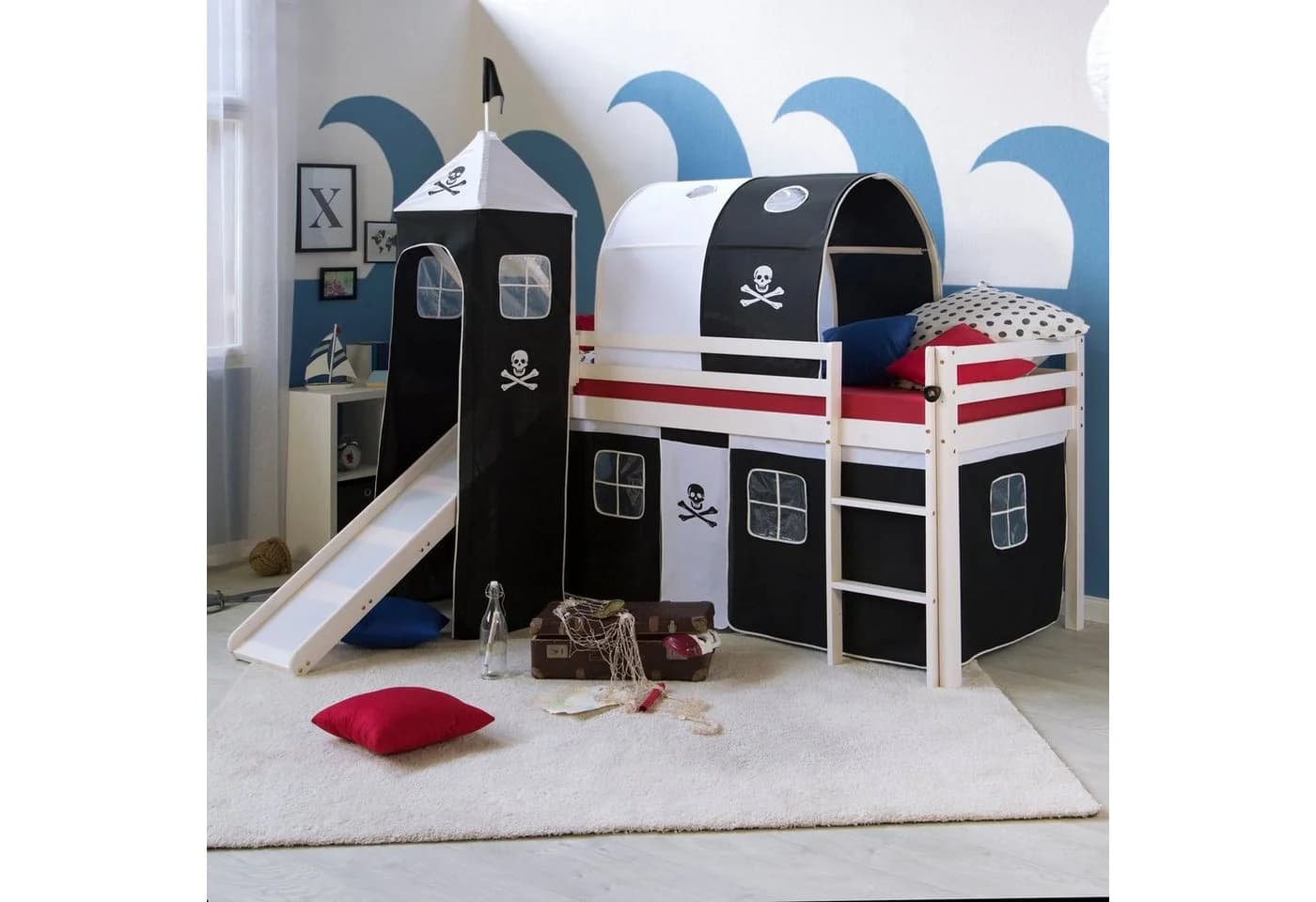 Homestyle4u Hochbett Pirat 90x200 cm Weiß mit Rutsche & Tunnel - Bild 3