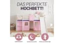 Homestyle4u Hochbett 90x200 Weiß Rosa mit Leiter, Rutsche & Vorhang Bild 1