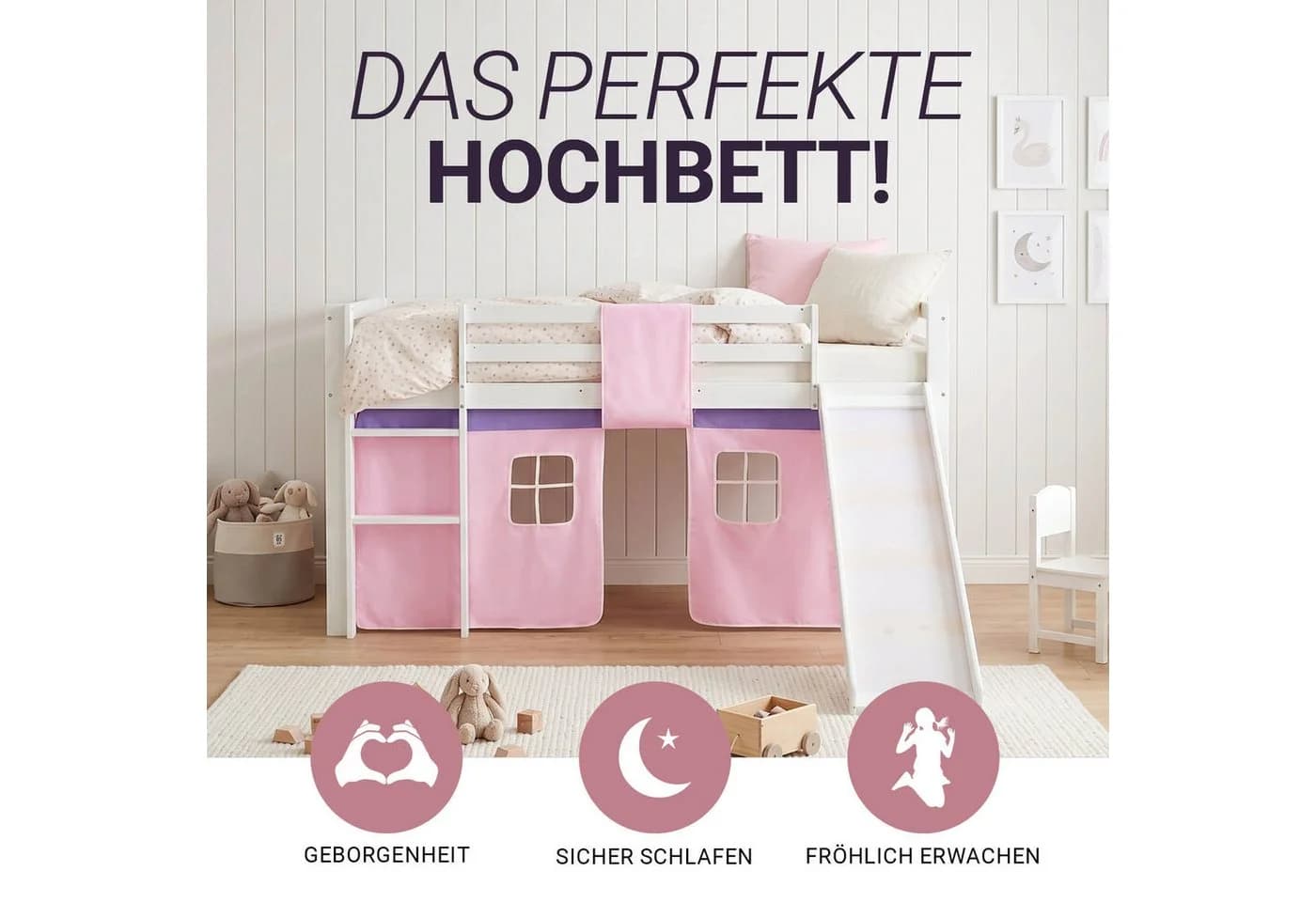 Homestyle4u Hochbett 90x200 Weiß Rosa mit Leiter, Rutsche & Vorhang