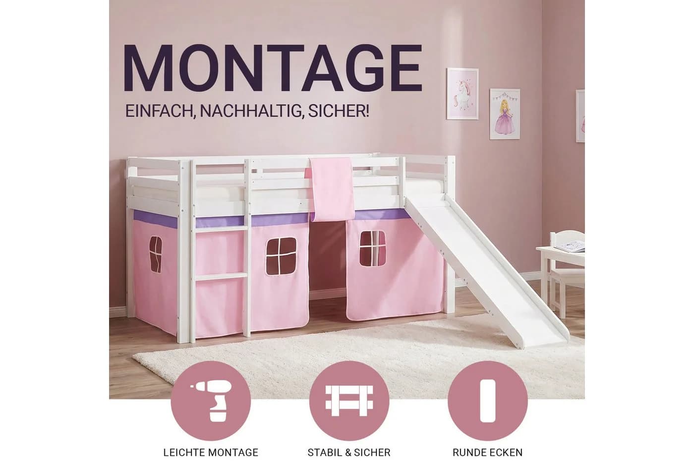 Homestyle4u Hochbett 90x200 Weiß Rosa mit Leiter, Rutsche & Vorhang - Bild 3