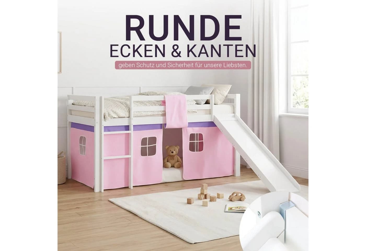 Homestyle4u Hochbett 90x200 Weiß Rosa mit Leiter, Rutsche & Vorhang - Bild 5