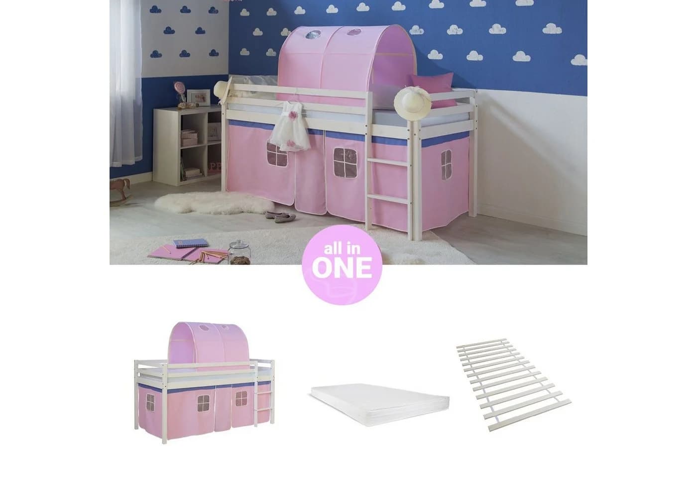 Homestyle4u Hochbett 90x200 mit Matratze und Vorhang Weiß - Bild 2
