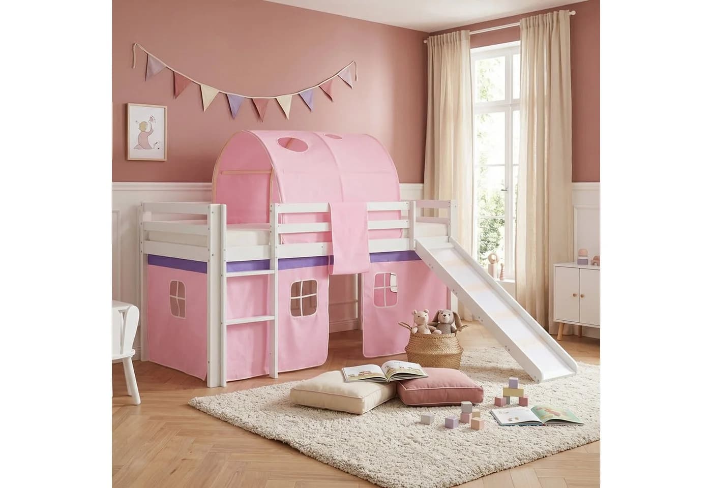 Homestyle4u Hochbett 90x200 mit Rutsche, Leiter & Vorhang Weiß/Rosa