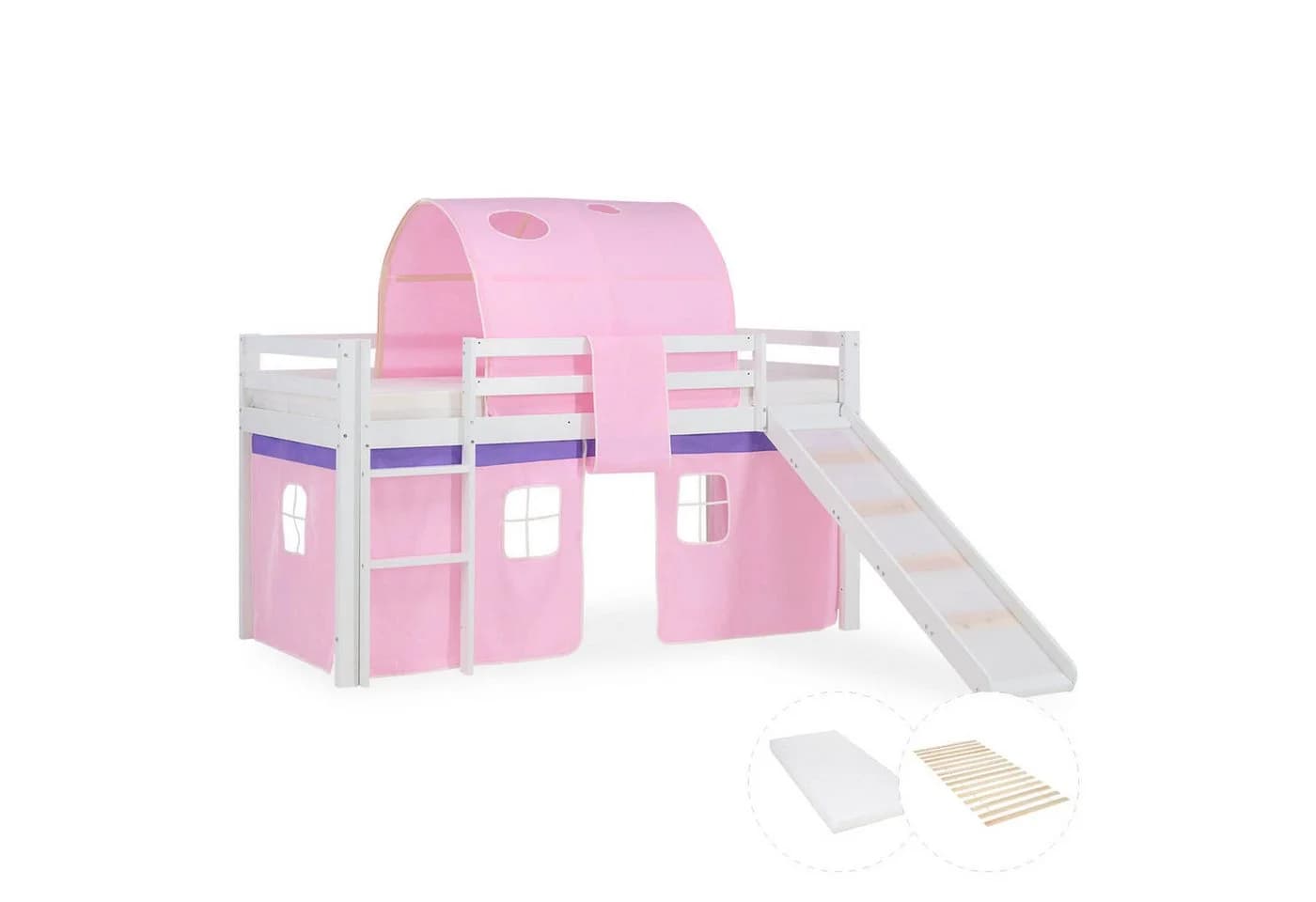 Homestyle4u Hochbett 90x200 mit Rutsche, Leiter & Vorhang Weiß/Rosa - Bild 2