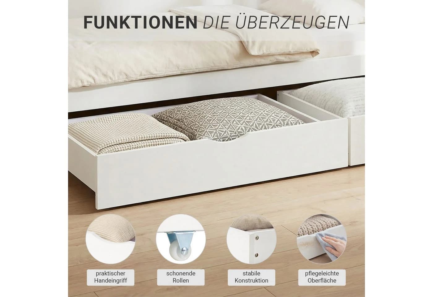 Homestyle4u Bettschubkasten mit Rollen 63x196 cm Bettkasten Holz Schublade Weiß