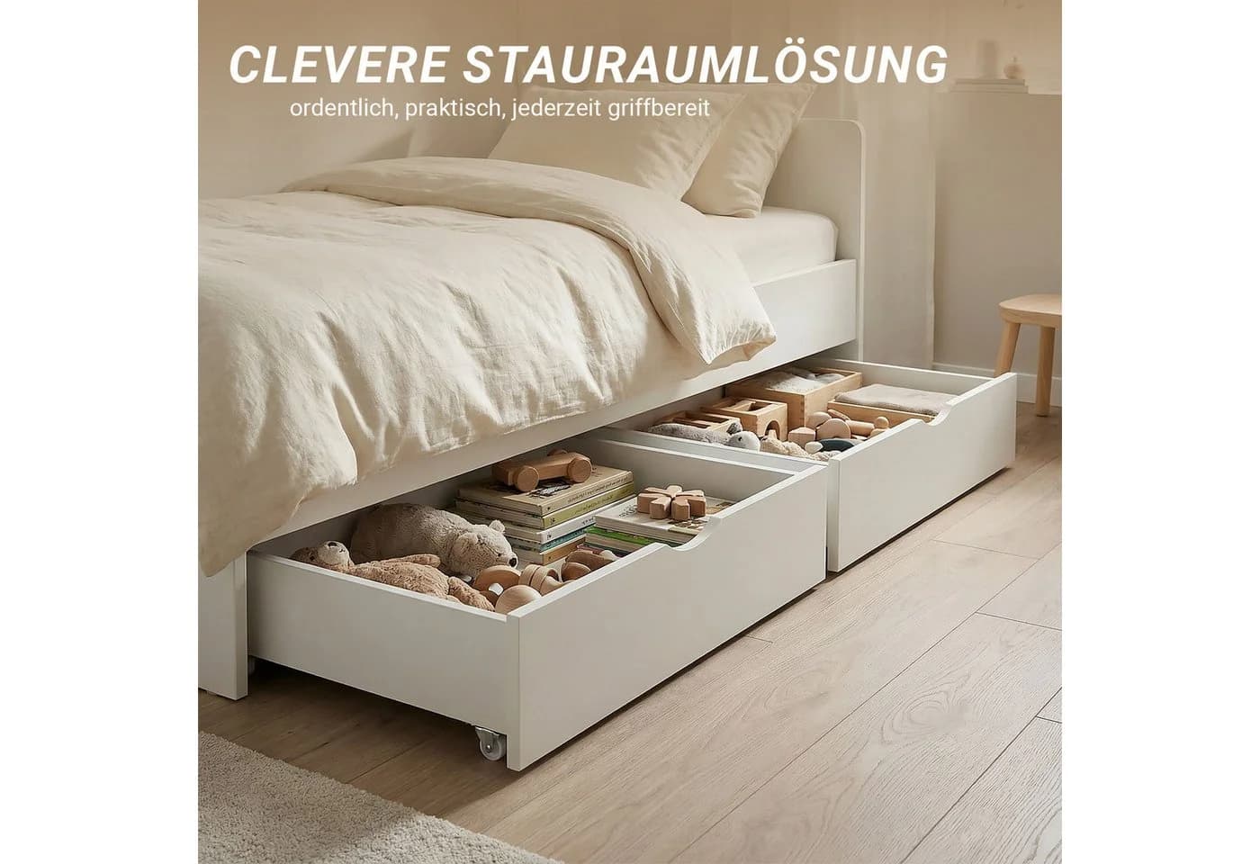 Homestyle4u Bettschubkasten mit Rollen 63x196 cm Bettkasten Holz Schublade Weiß - Bild 3