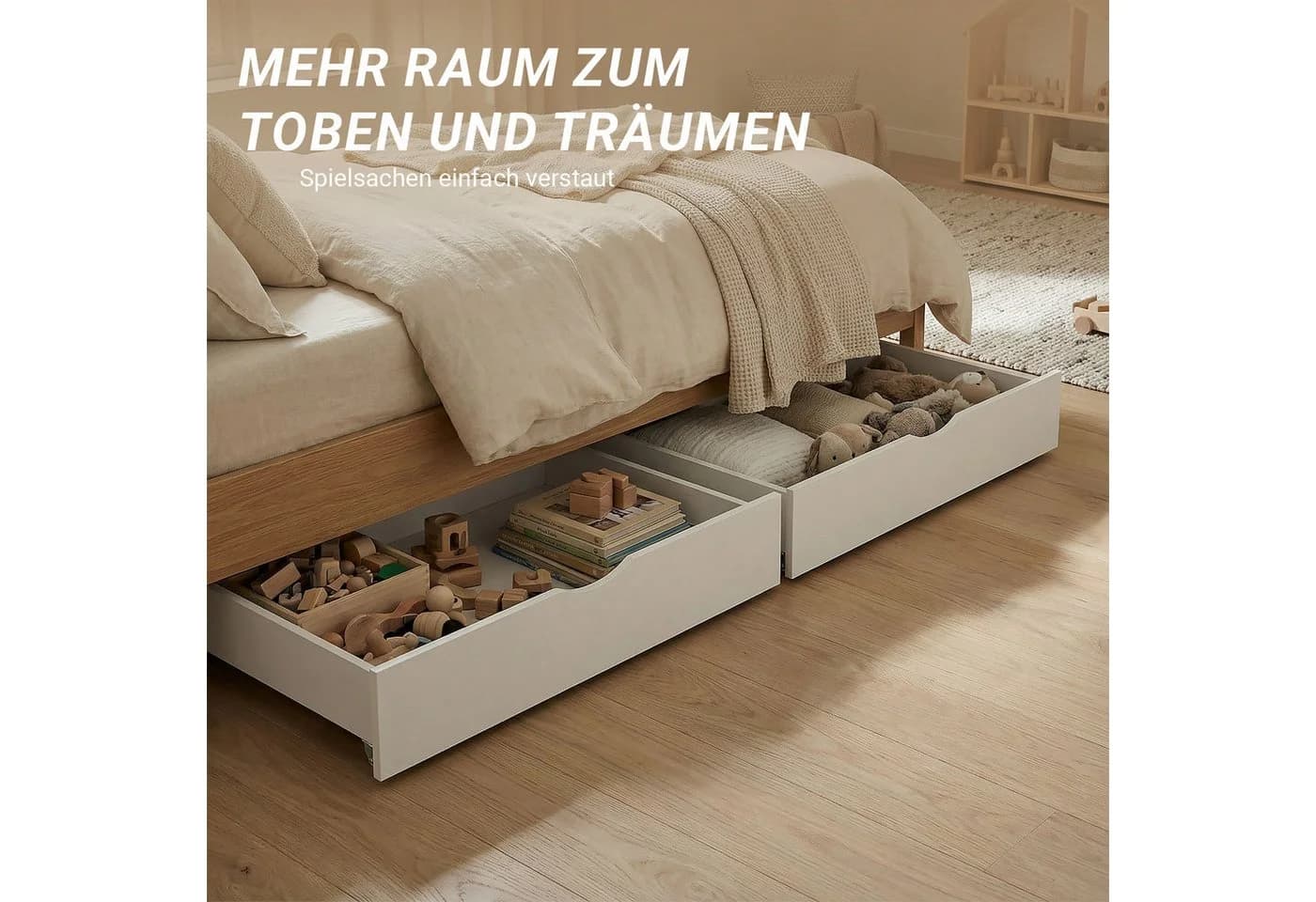 Homestyle4u Bettschubkasten mit Rollen 63x196 cm Bettkasten Holz Schublade Weiß - Bild 4