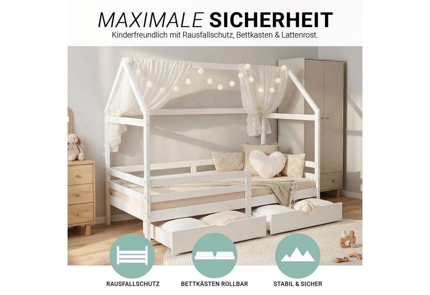 Homestyle4u Hausbett 90x200 Weiß Holz Kinderbett erhöht Kleinkind halbhoch Montessori