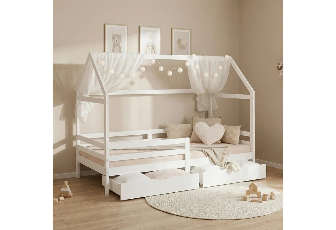 Homestyle4u Hausbett 90x200 Weiß Holz Kinderbett erhöht Kleinkind halbhoch Montessori - Bild 2