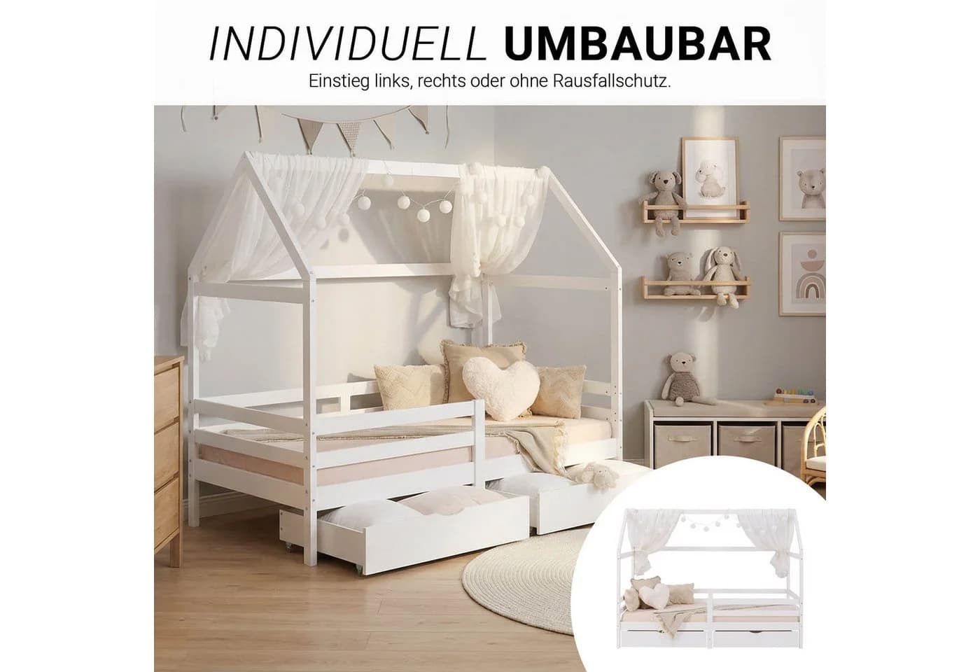 Homestyle4u Hausbett 90x200 Weiß Holz Kinderbett erhöht Kleinkind halbhoch Montessori - Bild 3