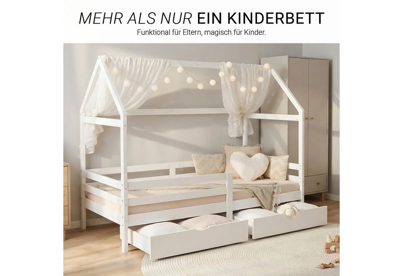 Homestyle4u Hausbett 90x200 Weiß Holz Kinderbett erhöht Kleinkind halbhoch Montessori - Bild 4