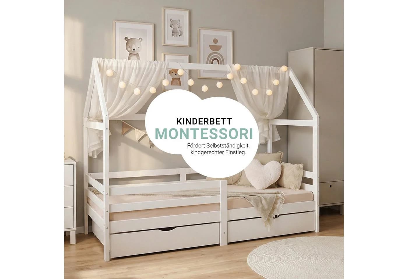 Homestyle4u Hausbett 90x200 Weiß Holz Kinderbett erhöht Kleinkind halbhoch Montessori - Bild 5