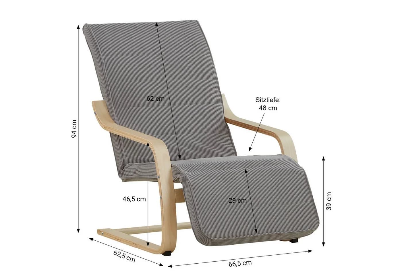 Homestyle4u Relaxsessel Grau Cord Stoff Verstellbare Fußstütze - Bild 3